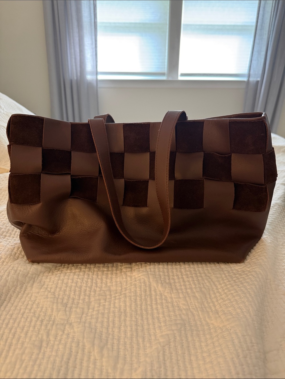Brown Woven-Accent Leather Tote Bag